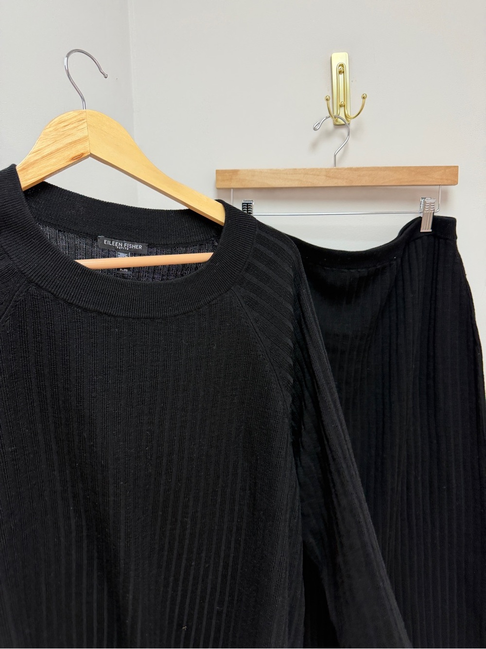 Eileen Fisher Black Ribbed Knit Top & Skirt Set